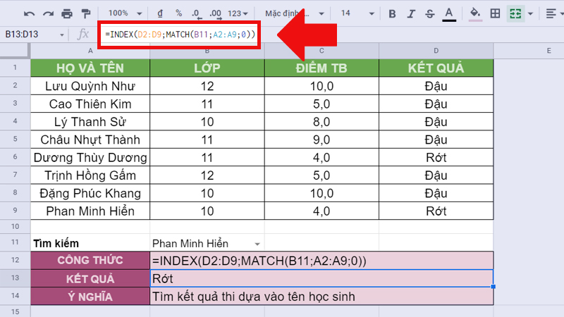 Kết hợp với h&agrave;m INDEX