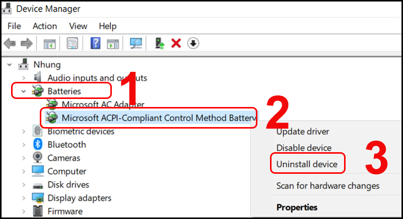 Thao tác gỡ cài đặt Battery Driver trên máy tính