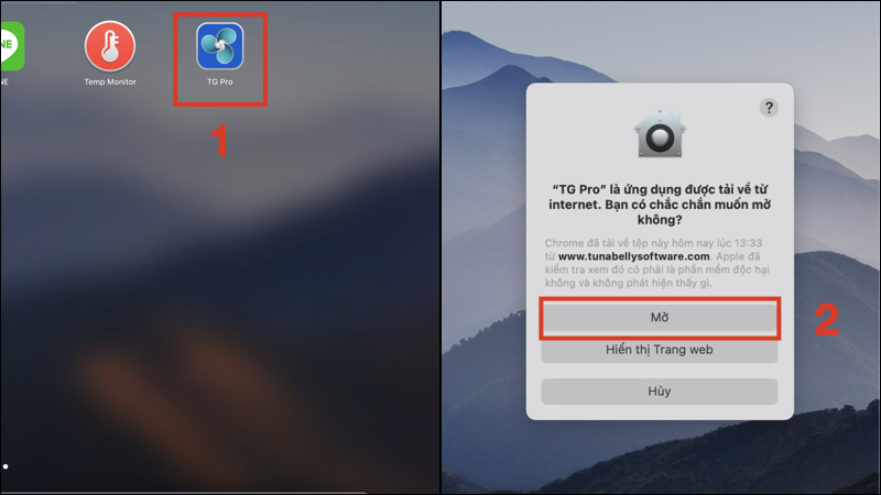 Nhấn mở để cấp quyền cho ứng dụng TG Pro