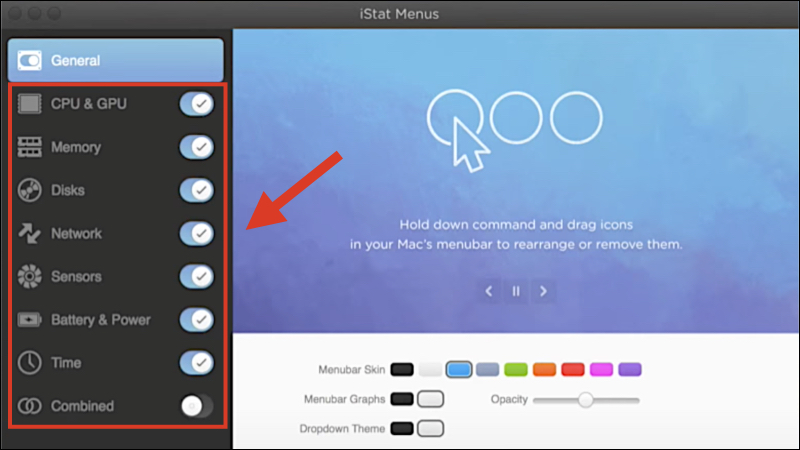 Giao diện ứng dụng iStat Menus