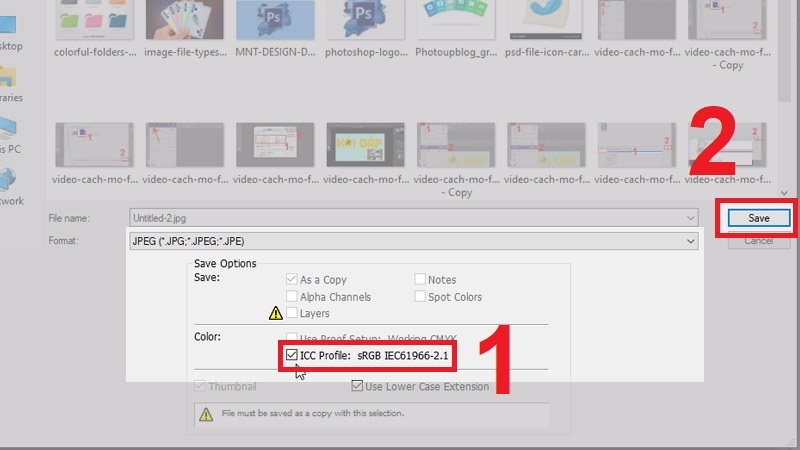 T&iacute;ch v&agrave;o phần ICC Profile sRGB IEC61966-2.1 rồi nhấn v&agrave;o Save.