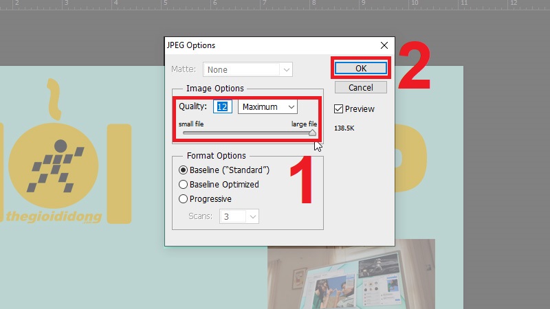 T&ugrave;y chọn chất lượng lưu ảnh v&agrave; nhấn OK để lưu.