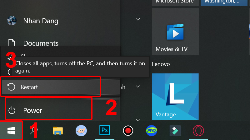 Chọn Power và nhấn Restart