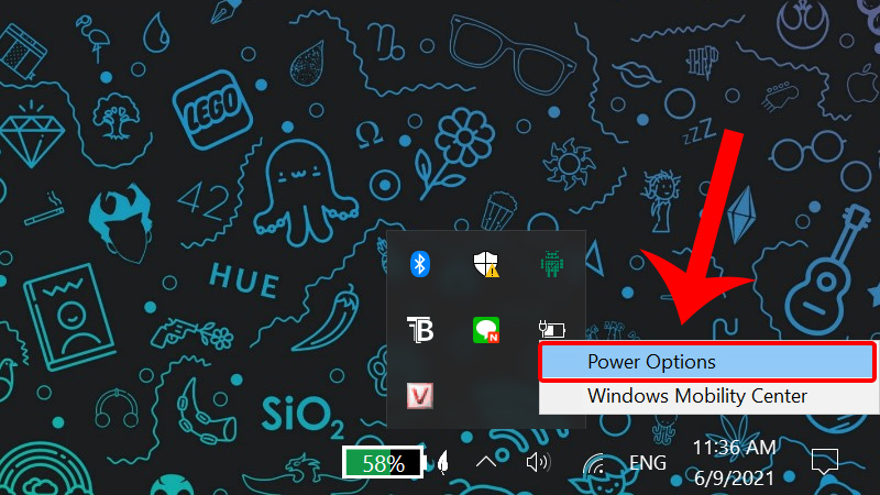 Nhấn chuột phải vào biểu tượng pin và chọn Power Options
