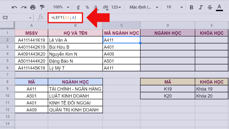 Sử dụng hàm LEFT để lấy ra mã ngành học trong MSSV