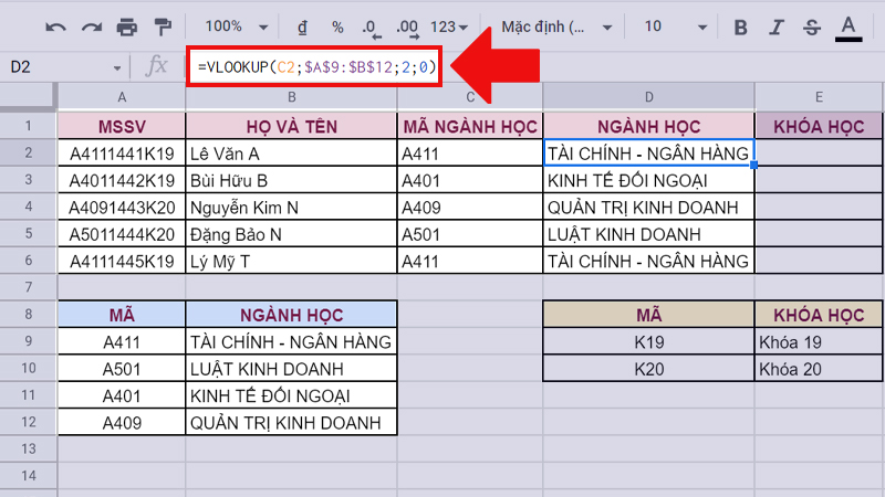 Sử dụng VLOOKUP để xác định ngành học