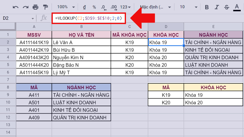 Sử dụng VLOOKUP để xác định khóa học