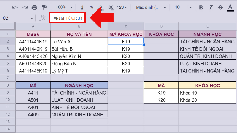 Sử dụng hàm RIGHT để lấy ra mã khóa học trong MSSV