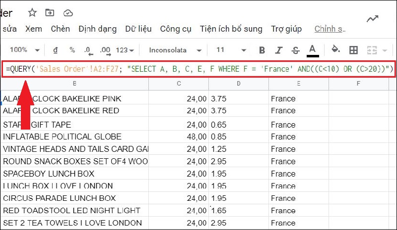 V&iacute; dụ c&acirc;u lệnh h&agrave;m QUERY lồng OR v&agrave; AND