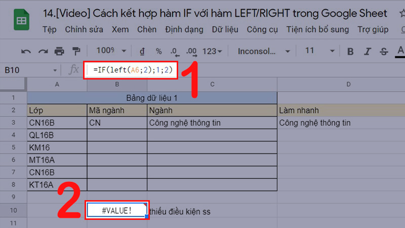 Lỗi #VALUE trong Google Sheet