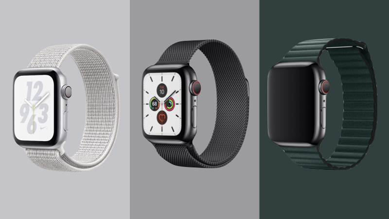 D&acirc;y Sport Loop, Stainless Loop v&agrave; Leather Loop tr&ecirc;n Apple Watch (tr&aacute;i sang phải)