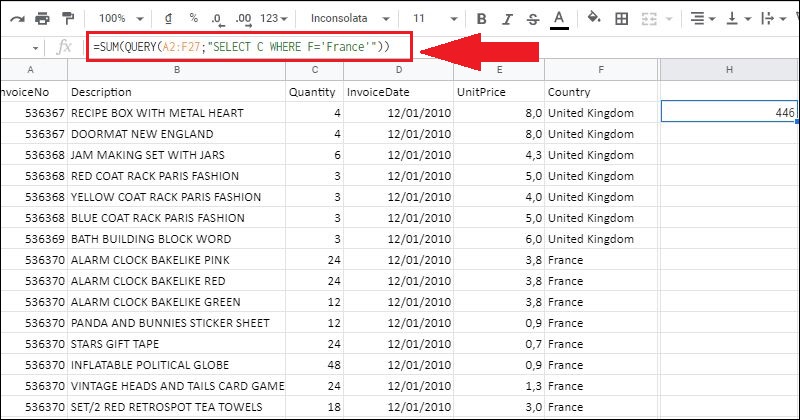 Sử dụng hàm SUM lồng QUERY để tính tổng giá trị được truy vấn