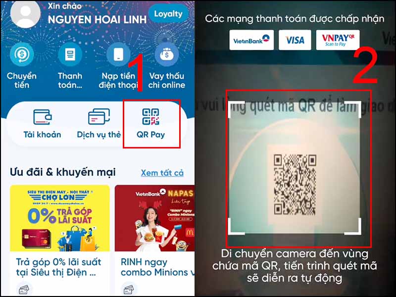 Chọn QR Pay và quét mã QR trên cây ATM Vietinbank