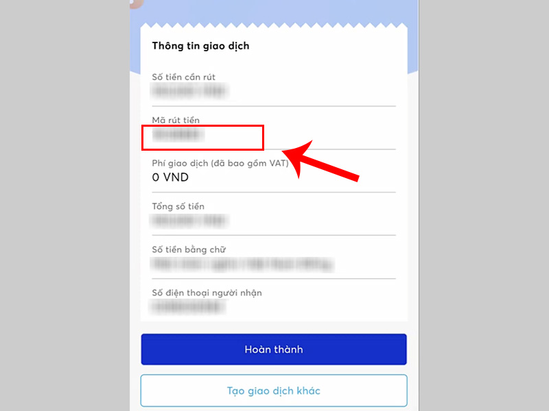 Hoàn tất việc lấy mã rút tiền