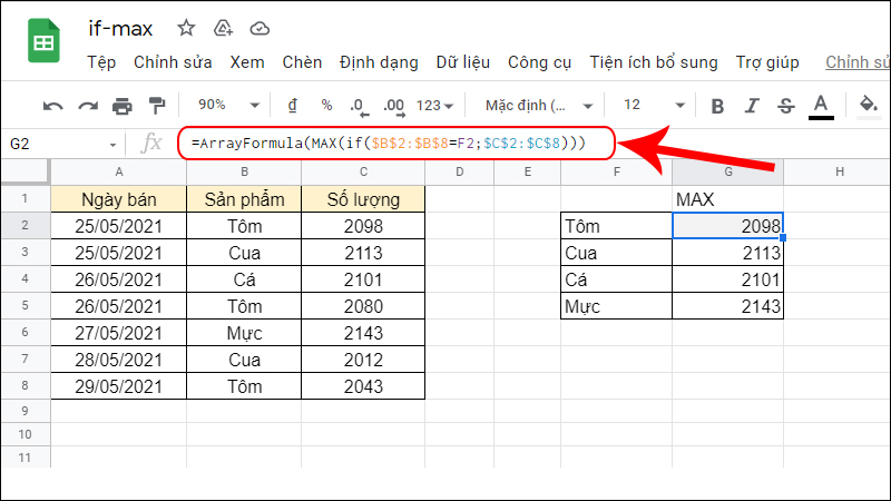 Sử dụng h&agrave;m IF kết hợp h&agrave;m MAX trong Google Sheet