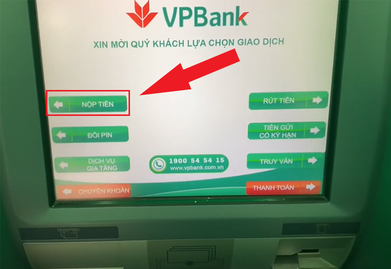 Chọn nộp tiền vào tài khoản