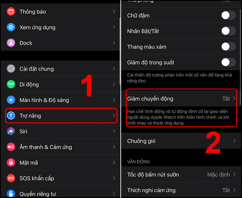 V&agrave;o mục Giảm chuyển động 