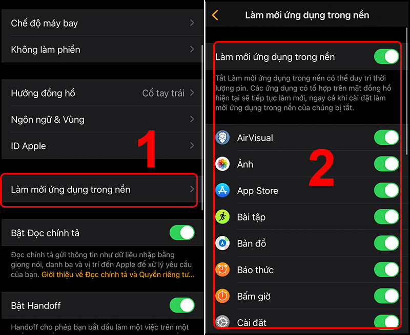 Bạn c&oacute; thể tắt L&agrave;m mới ứng dụng trong nền tất cả ứng dụng hoặc lựa chọn từng ứng dụng để tắt