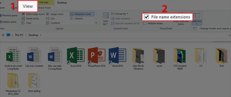 Tích vào File name extensions để hiển thị đuôi file