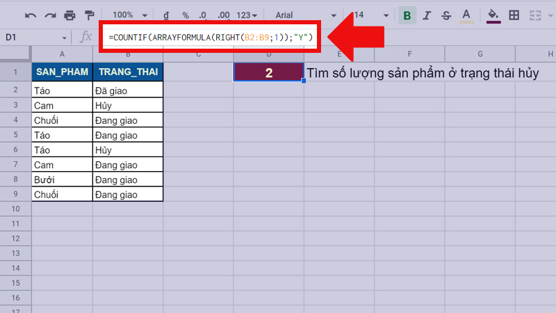 H&agrave;m COUNTIF kết hợp h&agrave;m RIGHT