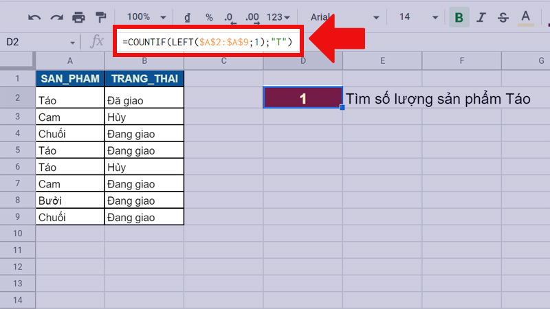 Kh&ocirc;ng sử dụng c&ocirc;ng thức mảng vẫn đếm ra gi&aacute; trị bằng 1