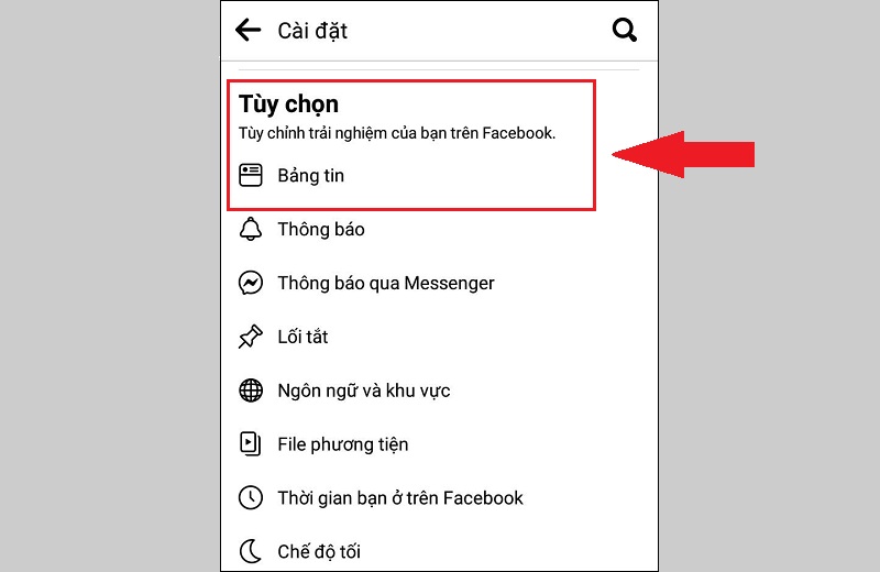 Chọn mục bảng tin trong mục tù chọn của cài đặt