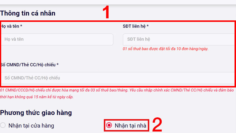 Nhập thông tin cá nhân và chọn phương thức giao hàng