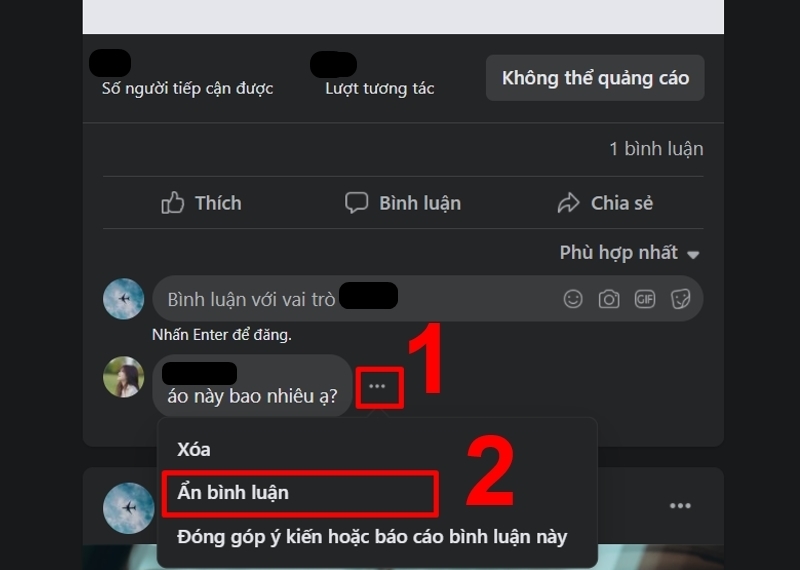 Ẩn comment trên Fanpage Facebook bằng cách chọn comment và chọn Ẩn