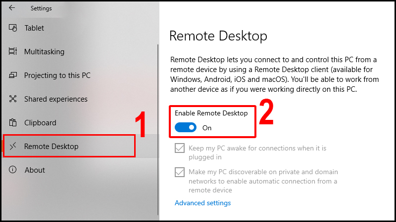 Bật Enable Remote Desktop trong Remote Desktop