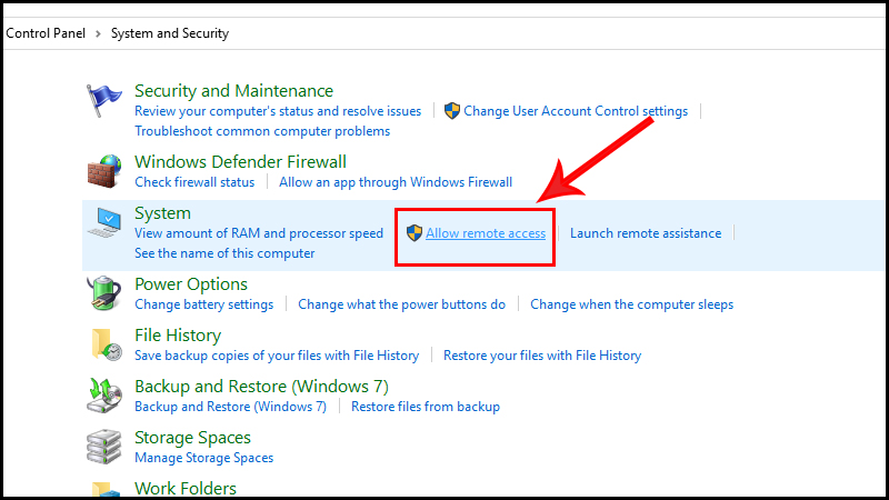 Chọn Allow remote access trong mục System