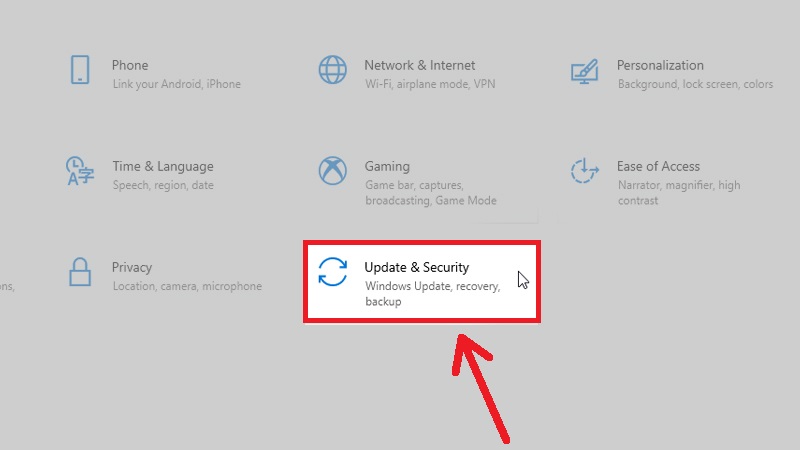 Vào Settings và chọn mục Update & Security