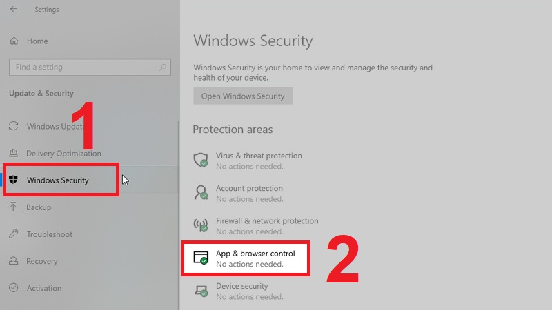 Trong tab Windows Security chọn mục App & browser control.
