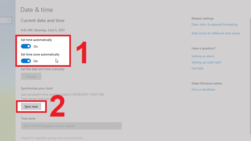 Bật On cho 2 mục Set time automatically và Set time zone automatically
