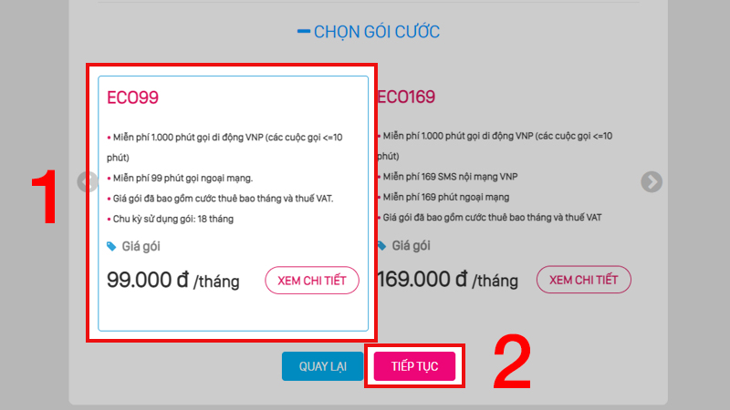 Chọn gói cước và nhấn tiếp tục