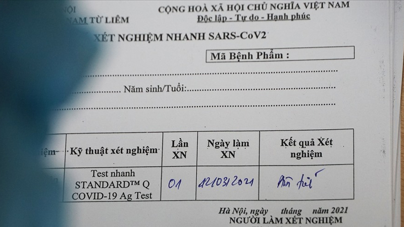 Một mẫu kết quả xét nghiệm COVID tại Hà Nội