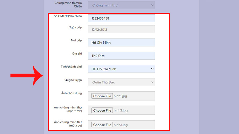 Nhập thông tin của chứng minh thư và tải ảnh