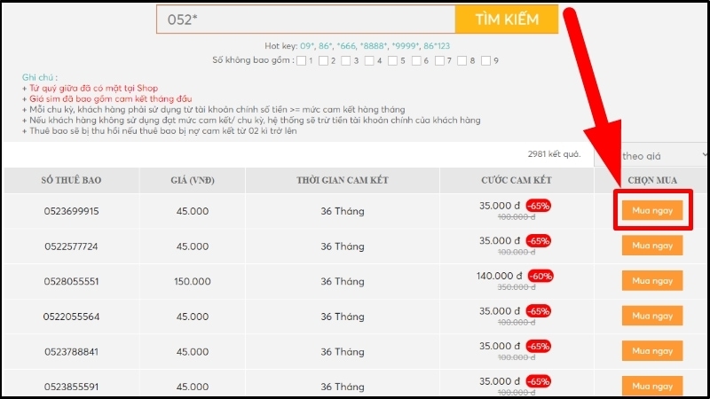 Chọn số điện thoại mong muốn và nhấn Mua ngay