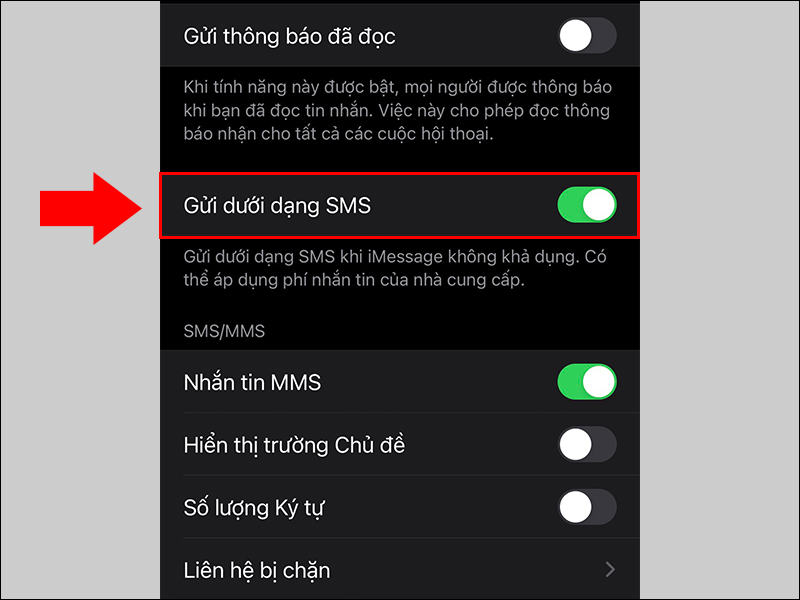 Bật Gửi dưới dạng SMS trong Cài đặt