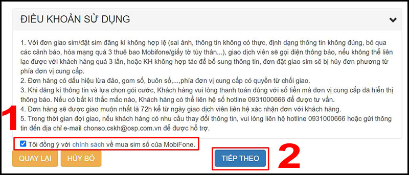 Tick vào ô trống rồi nhấn TIẾP THEO