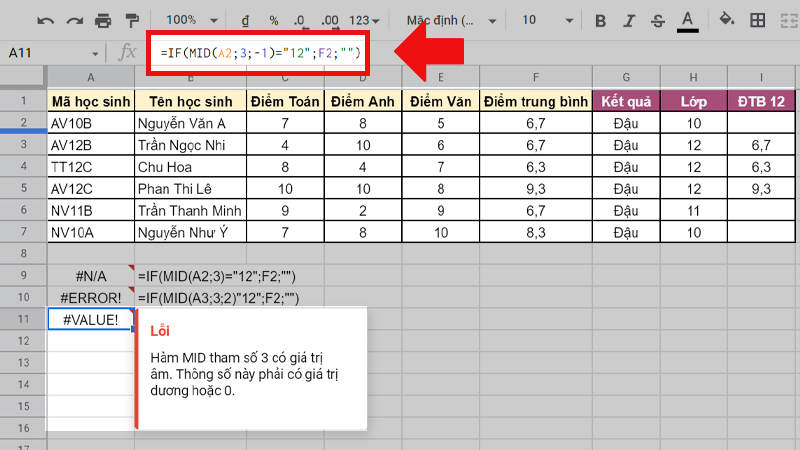 Lỗi #VALUE