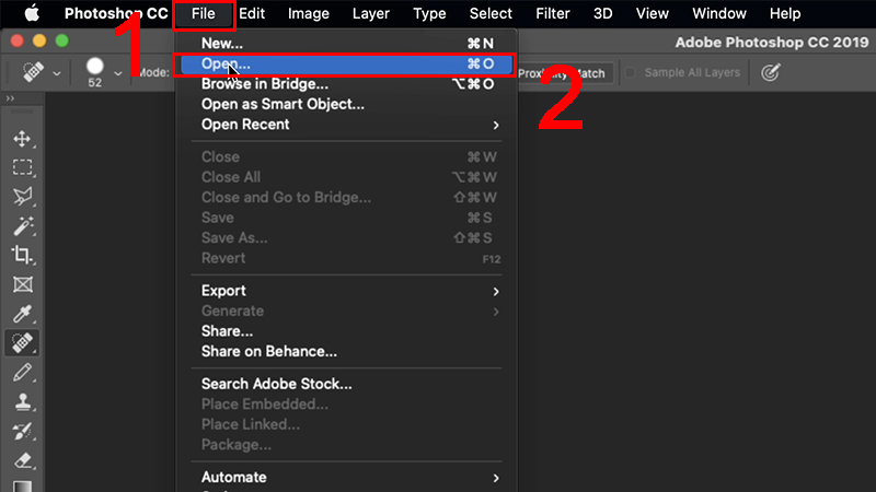 Chọn Open để mở ảnh từ Photoshop