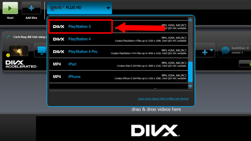 Chọn DivX PlayStation 3 để chuyển đổi file DivX