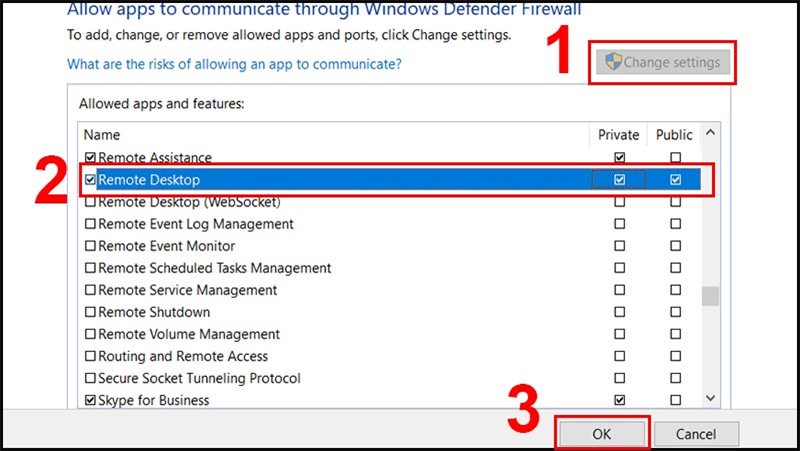 Nhấp vào mục Private và Public cho phần Remote Desktop