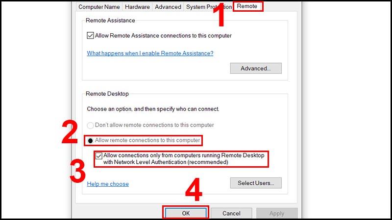 Trong tab Remote, chọn Allow remote connections to this computer > Chọn Allow connections only from computers running Remote Desktop with Network Level Authentication > Nhấn OK