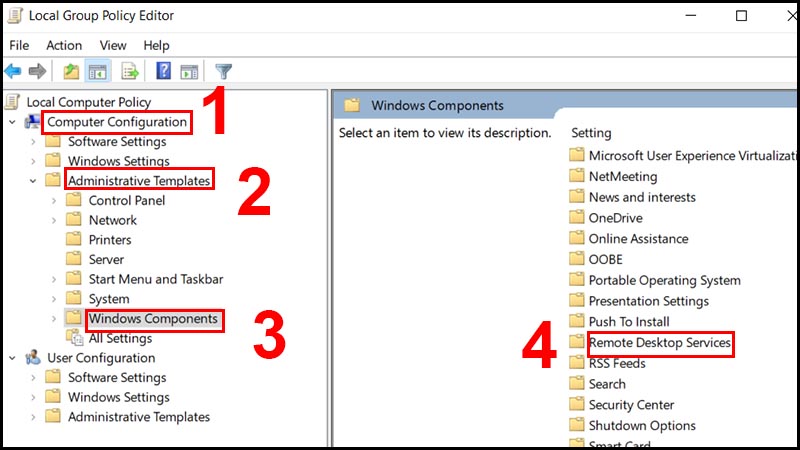 Nhấn Computer Configuration > Nhấn Administrative Templates > Chọn Windows Components > Chọn Remote Desktop Services