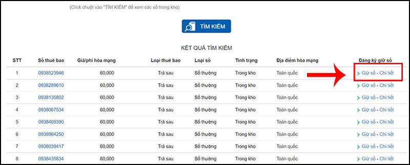 Bấm chọn Giữ số - Chi tiết khi bạn chọn được số ưng ý