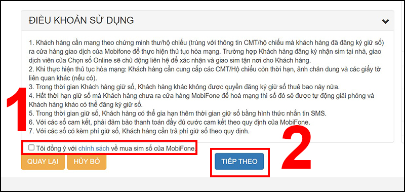 Nhấn tick vào nút Tôi đồng ý với chính sách về mua sim số của MobiFone