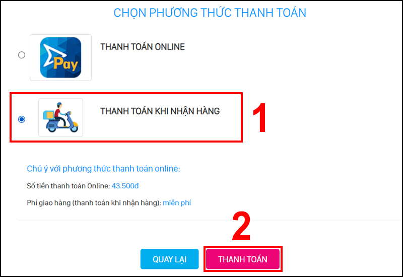 Chọn phương thức thanh toán và nhấn nút THANH TOÁN