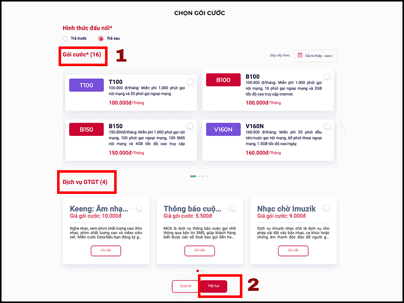 Nhấn Tiếp tục sau khi chọn gói cước