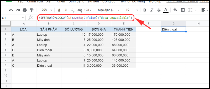 Công thức không có lỗi hàm IFERROR sẽ trả về kết quả của công thức